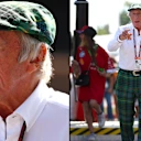 Sir Jackie Stewart memakai cap gabungan dan seluar kombinasi tandatangannya. Leretkan lebih banyak lagi